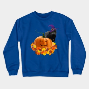 Black cat with witch hat, catoween halloween, jack pumpkin Crewneck Sweatshirt